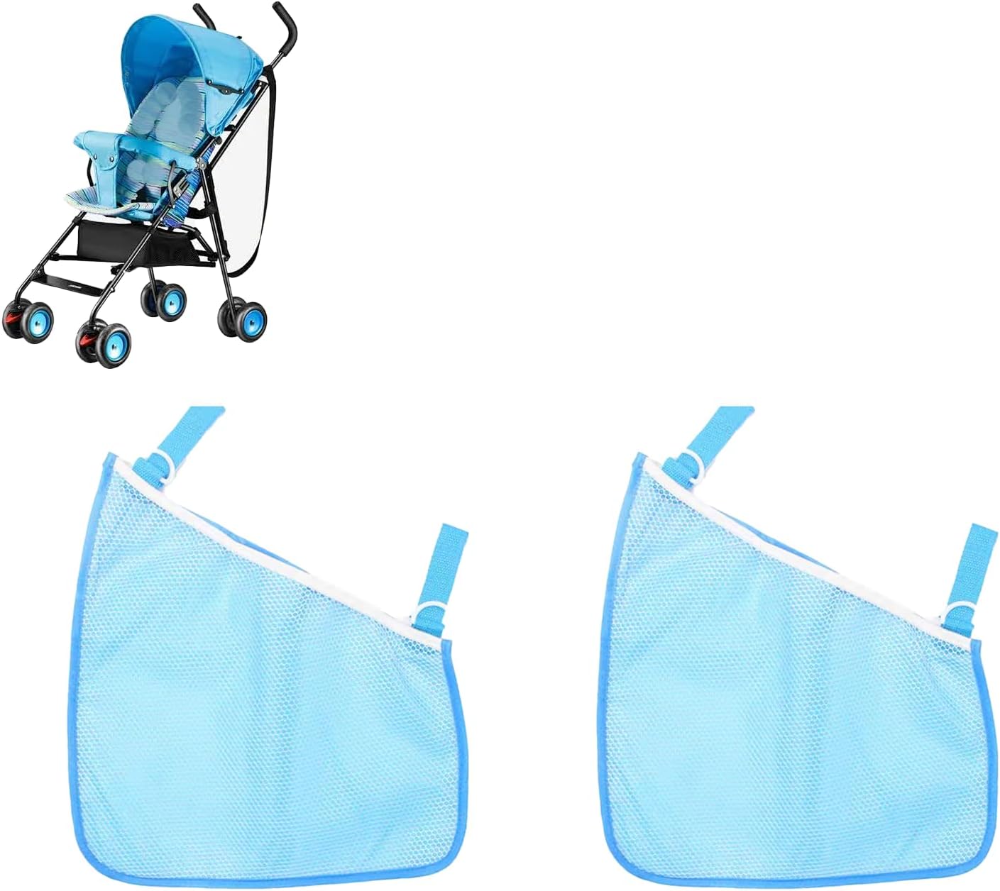 2 Pack Portable Side Sling Stroller Cargo Net ,Non-Slip and Adjustable Straps Storage Mesh Bag ,Food Storage , Storage Bag for Baby Stroller Cargo Mesh Bag Storage Universal Stroller Organizer (Blue)