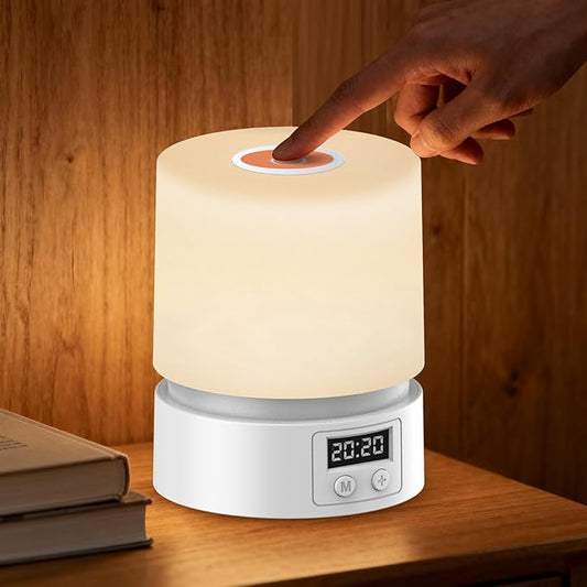 Nursery Night Light with Clock for Kids, Touch Lamp Bedside Desk Lamp, Portable Breastfeeding Night Lamp for Baby, 3 Color Stepless Dimming Up for Restaurant,Bedroom,Rechargeable (White)