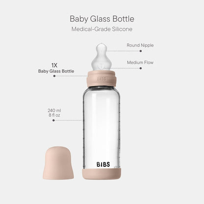 BIBS Baby Glass Bottle. 8 US fl oz / 240 ml. Anti-Colic. Vented Round Silicone Nipple. Supports Natural Breastfeeding, Medium Flow, Complete Set - Blush