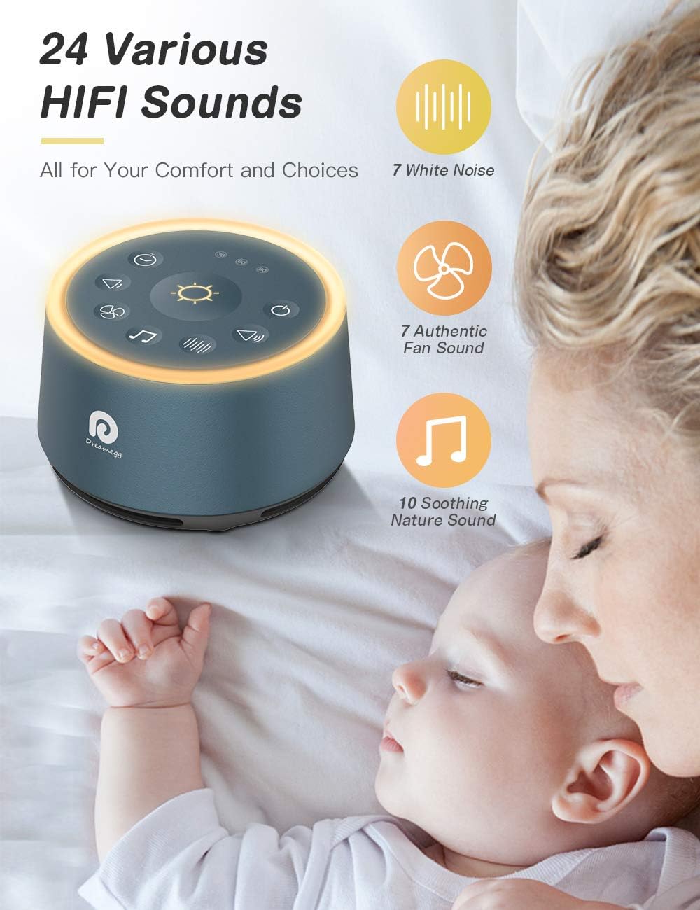 Dreamegg D1 Sound Machine Baby - White Noise Machine for Baby with Night Light, 24 High Fidelity Sounds, Timer & Memory Feature, Noise Machine with Nursery Lamps for Adults, Home, Office (White)