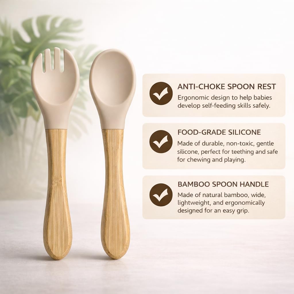 Bamboo Baby Plates with Suction, Toddler Plates for Self Feeding, Eco Friendly Baby Feeding Plate Set, Divided Plate for Baby Boy & Baby Girl, BPA Free, Easy Clean (Beige)