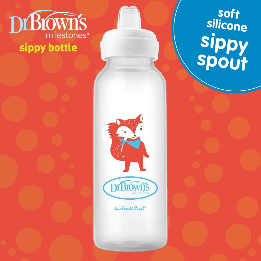 Dr. Brown's Milestones Narrow Sippy Bottle, 100% Silicone Soft Sippy Spout, 8oz/250mL, Flamingo & Bunny, 6m+