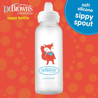 Dr. Brown's Milestones Narrow Sippy Bottle, 100% Silicone Soft Sippy Spout, 8oz/250mL, Flamingo & Bunny, 6m+