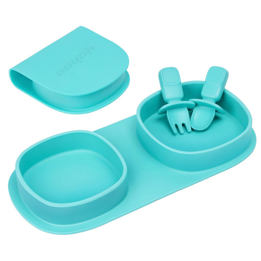 Baby Plates with Suction with Forks and Spoons, Foldable Silicone Toddler Plates, Baby Travel Essential, Microwave & Dishwasher Safe, Purple