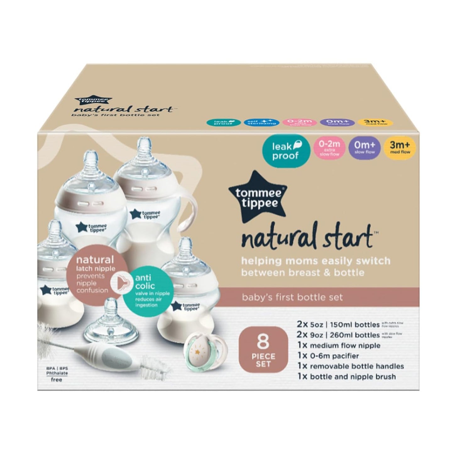 Tommee Tippee Natural Start 12 Piece BPA Free Bottle Set, Includes 2 x 5 oz, 3 x 9 oz, 1 x 11 oz Bottles, Newborn 0+ Months, Slow, Medium & Thicker Flow Breast-Like Nipples, Cleaning Brush, Clear