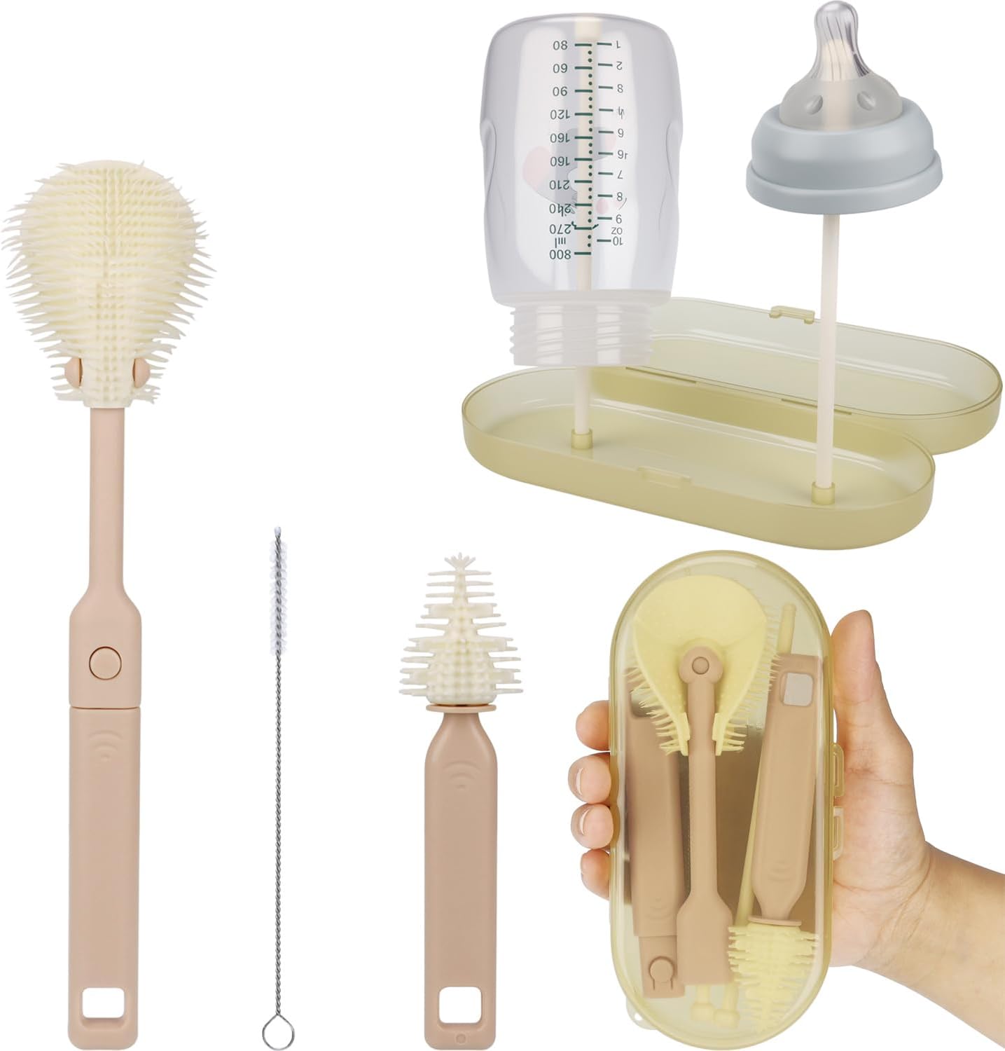 Portable Baby Bottle Brush Set – 5-in-1 Silicone Baby Bottle Cleaner Kit with Nipple Brush, Straw Brush, Drying Rack & Travel Case – BPA-Free, Bottle Washing Set for On-the-Go (Pink)