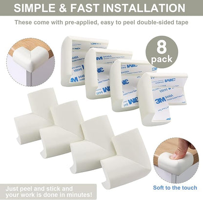 8 Pack Soft Corner Protector Baby Proofing Edge and Corner Guards, Safety Pre-Taped Rubber Foam,Child Safety Furniture Bumper, Corner Protectors for furniturey, Soft Sponge Table Corners, White