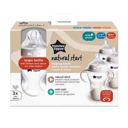 Tommee Tippee Natural Start Baby Bottle, 11oz, Thicker Feed, Breast-Like Nipple for Babies 6 Months+, Green and Teal, 2 Count