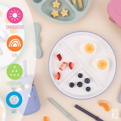 Elk and Friends Kids 7.8” Porcelain Divided Plates with Silicone Sleeves | Suitable for Babies/Kids/Toddlers | Microwave & Dishwasher Safe | Non Slip | Snack Dishes