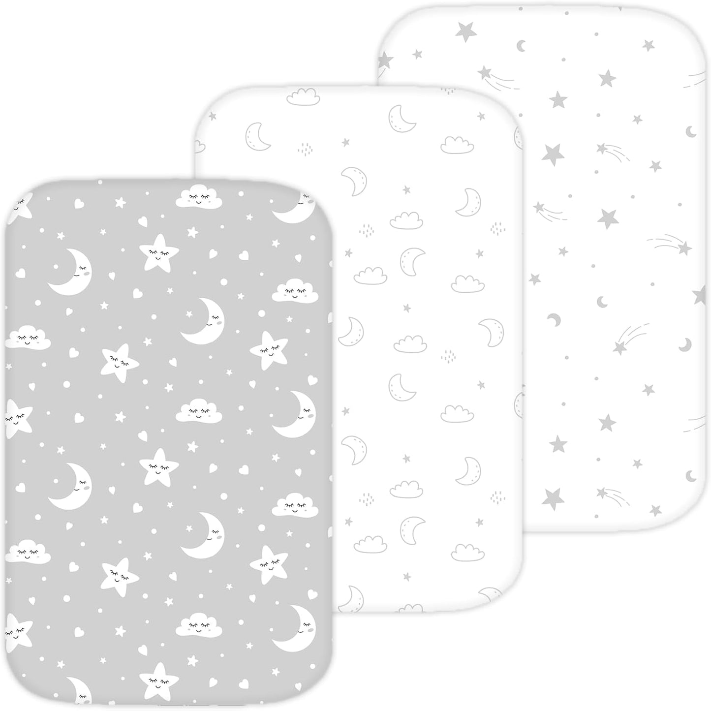 Bassinet Sheets for Papablic, CoZee, Cowiewie, Ezebaby, Nawahev Baby Bassinet Bedside Sleeper by TansyPanda, 3PC, 33x20, Ultra Soft, Breathable Snug Fit, Unisex Boys Girls, Gray White (Space Rockets)