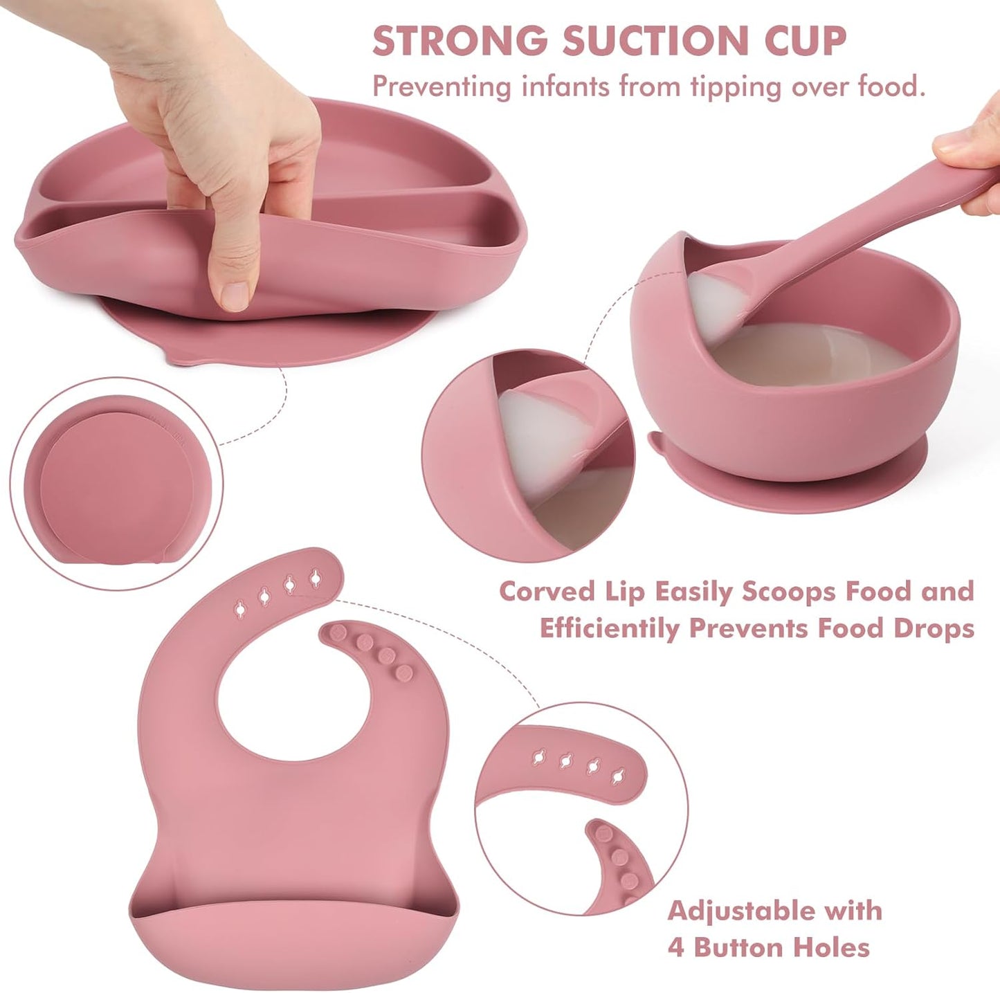 Silicone Baby Feeding Set 15 Pcs，Baby Spoons Suction Bowl Divided Plate Bib Cup Finger Brush Training cups,Baby Led Weaning Supplies,Baby Plates，Toddler Feeding Plates and Bowls Set（purple）