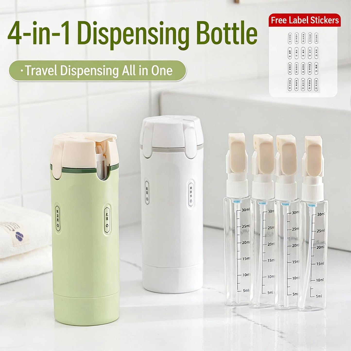 4 in 1 Travel Dispenser Bottle, 4 Pack 30ML Refillable Travel Formula Dispenser Bottles Pump, for Toiletries, with Scale Label Shampoo Lotion Conditioner Cream Storage (Green*2)