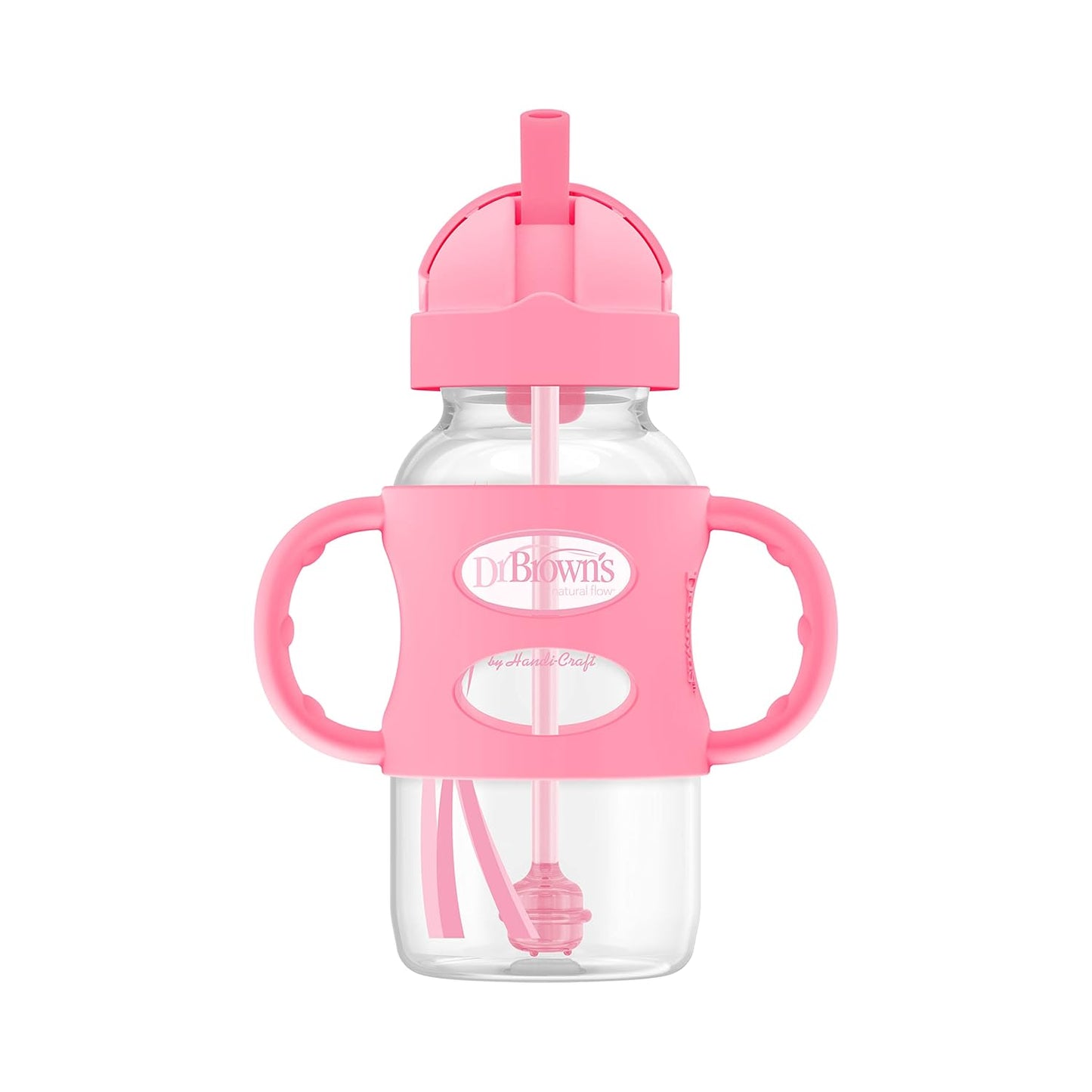 Dr. Brown's Milestones Wide-Neck Sippy Straw Bottle, Spill-Proof with 100% Silicone Handles and Weighted Straw, 9 oz/270 mL, Gray & Pink, 6m+, 2-Pack