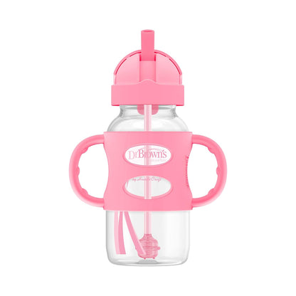 Dr. Brown's Milestones Wide-Neck Sippy Straw Bottle, Spill-Proof with 100% Silicone Handles and Weighted Straw, 9 oz/270 mL, Gray & Pink, 6m+, 2-Pack