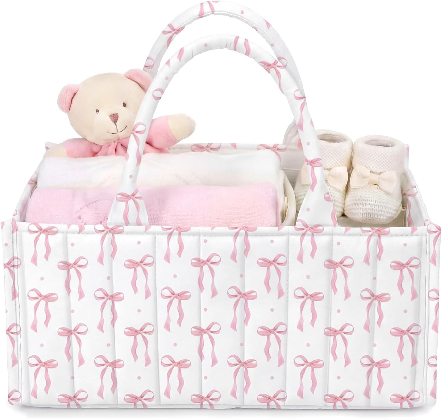 Shinylin Diaper Caddy Organizer with Pink Bow Portable Nursery Storage Basket with Handles and Removable Dividers Cute Storage Bin for Organizer Diaper Caddy Baby Wipes Baby Shower Gifts