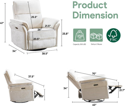 Oversized Swivel Rocker Recliner with Adjustable Headrest, Rocking Chair Nursery with Overstuffed Armrest, Manual Rocker Recliner Nursery Chair for Living Room, White