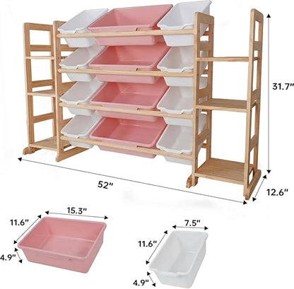 Amdermi Kids Toy Storage Organizer, 51" W White 6-Shelf Bookcase with 12 Bins, Cubby Unit for Toddler Playroom & Bedroom Organization（Pink）