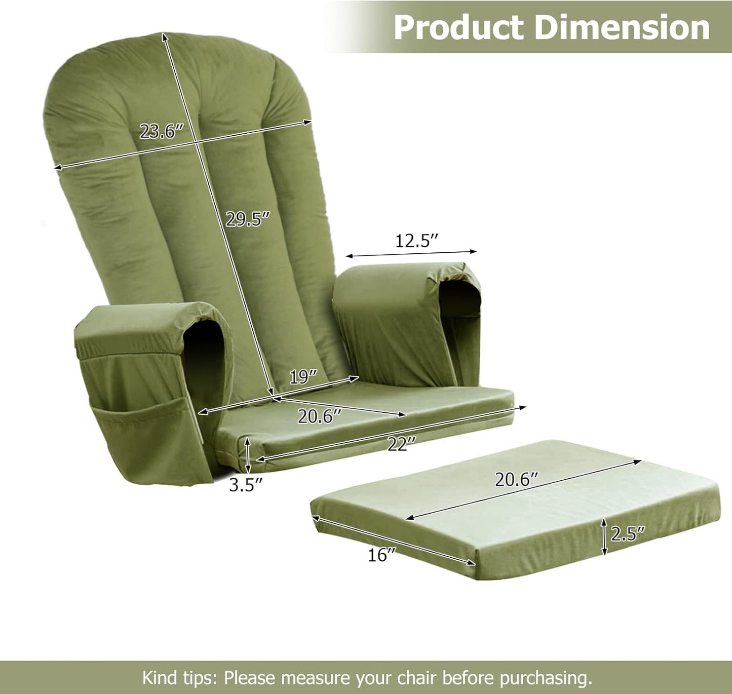 5PCS Suede Glider Rocker Replacement Cushions with 29.5" High Backrest & Side Pockets, Thickened Soft Glider Rocking Chair Cushions with Ottoman Cushion for Indoor Nursery Rocking Chair, Green