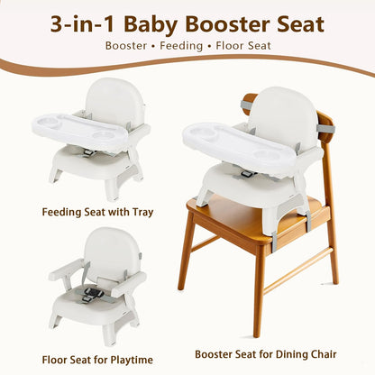 Booster Seat for Kitchen Chair, 3-in-1 Foldable & Portable Booster Seat with Tray, Extra Dishwasher-Safe Tray, Safety Straps for 6–18M (Up to 30 lbs), for Dining Table, Travel & Camping, Gray