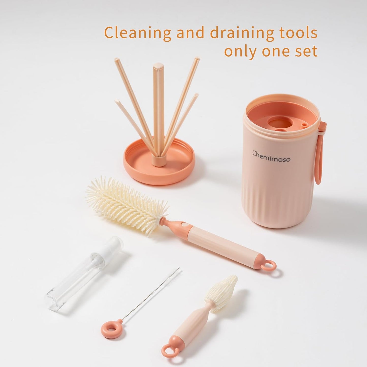 Chemimoso Travel Silicone Baby Bottle Cleaner Brush Set, Foldable Baby Bottle Drying Rack, Essential Cleaning Set for Outdoor Travel, Orange and Green