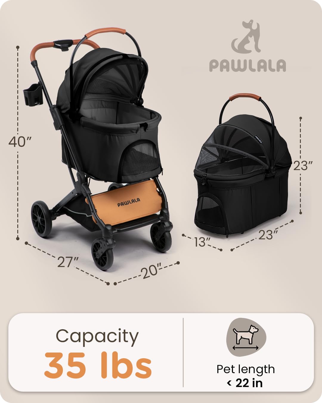 Pet Stroller with Detachable Carrier for Small, Medium Dogs & Cats, Lightweight Foldable Design, Travel-Ready, Compact Storage (Cloud Gray)
