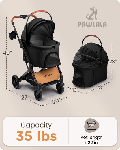 Pet Stroller with Detachable Carrier for Small, Medium Dogs & Cats, Lightweight Foldable Design, Travel-Ready, Compact Storage (Cloud Gray)
