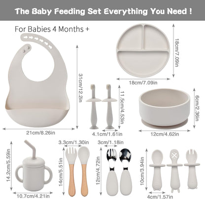 Silicone Feeding Set, 13PCS Baby Feeding Essentials with Suction Bowl & Plate, Spoons & Forks, Bib & Cup, Toothbrush, Baby Led Weaning Supplies for 6+ Months, Eating Essentials (Blue)