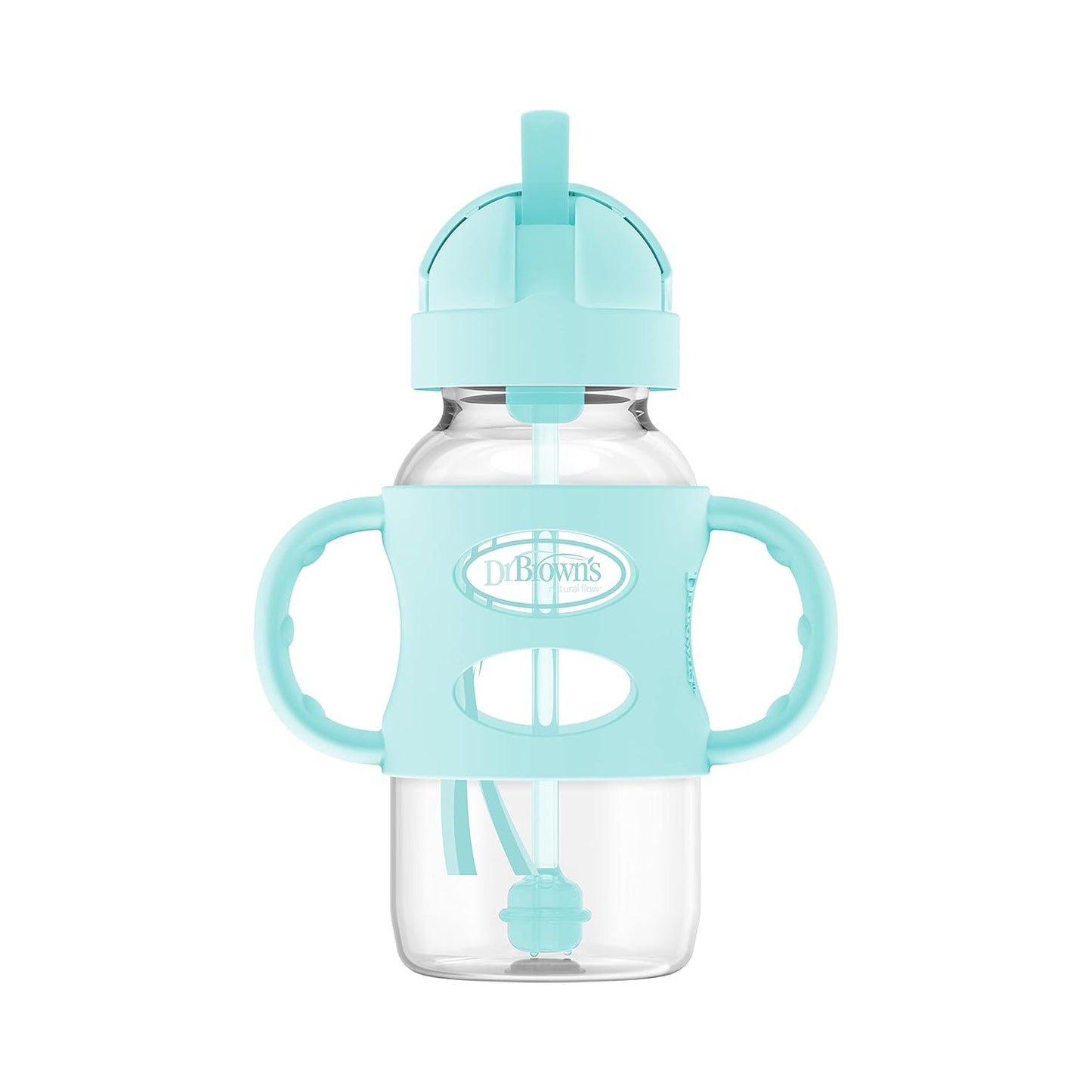 Dr. Brown's Milestones Wide-Neck Sippy Straw Bottle, Spill-Proof with 100% Silicone Handles and Weighted Straw, 9 oz/270 mL, Gray & Pink, 6m+, 2-Pack