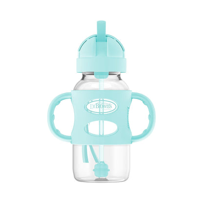 Dr. Brown's Milestones Wide-Neck Sippy Straw Bottle, Spill-Proof with 100% Silicone Handles and Weighted Straw, 9 oz/270 mL, Gray & Pink, 6m+, 2-Pack