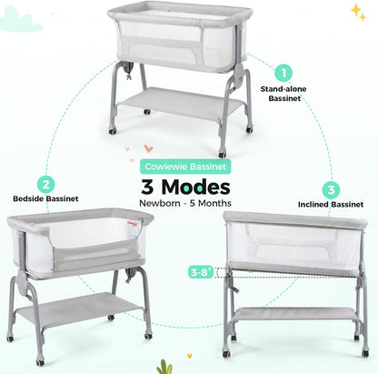 Cowiewie Bassinet Bedside Sleeper, Breathable Baby Bedside Bassinet and Mattress, Lightweight and Portable for Bedside Sleeping, Light Grey