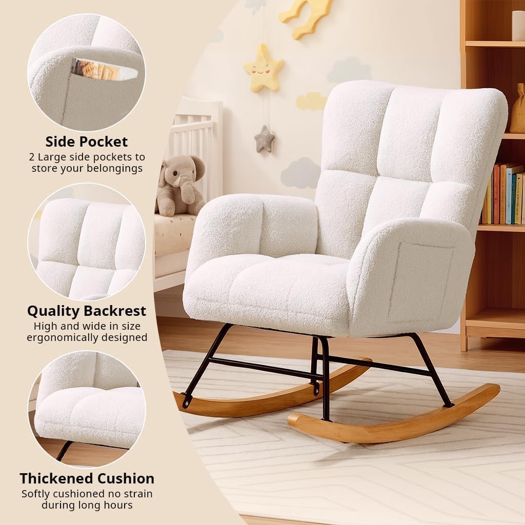 COMHOMA Nursery Rocking Chair with Ottoman,Teddy Glider Rocking Chair,Accent Chair with High Backrest Reading Chair for Adult,Nursery,Bedroom,Living Room,Offices(Beige with Ottoman)