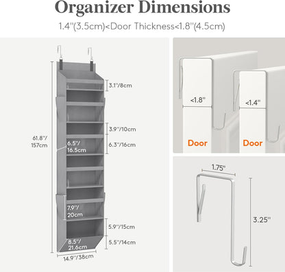 Lifewit 1 Pack Over the Door Organizer, 5 Section Clear Window Hanging Storage with 4 Side Pockets, Sturdy Anti Tilt 40 lbs Load Behind Door for Closet, Bedroom, Bathroom, Nursery, Dorm, Gray