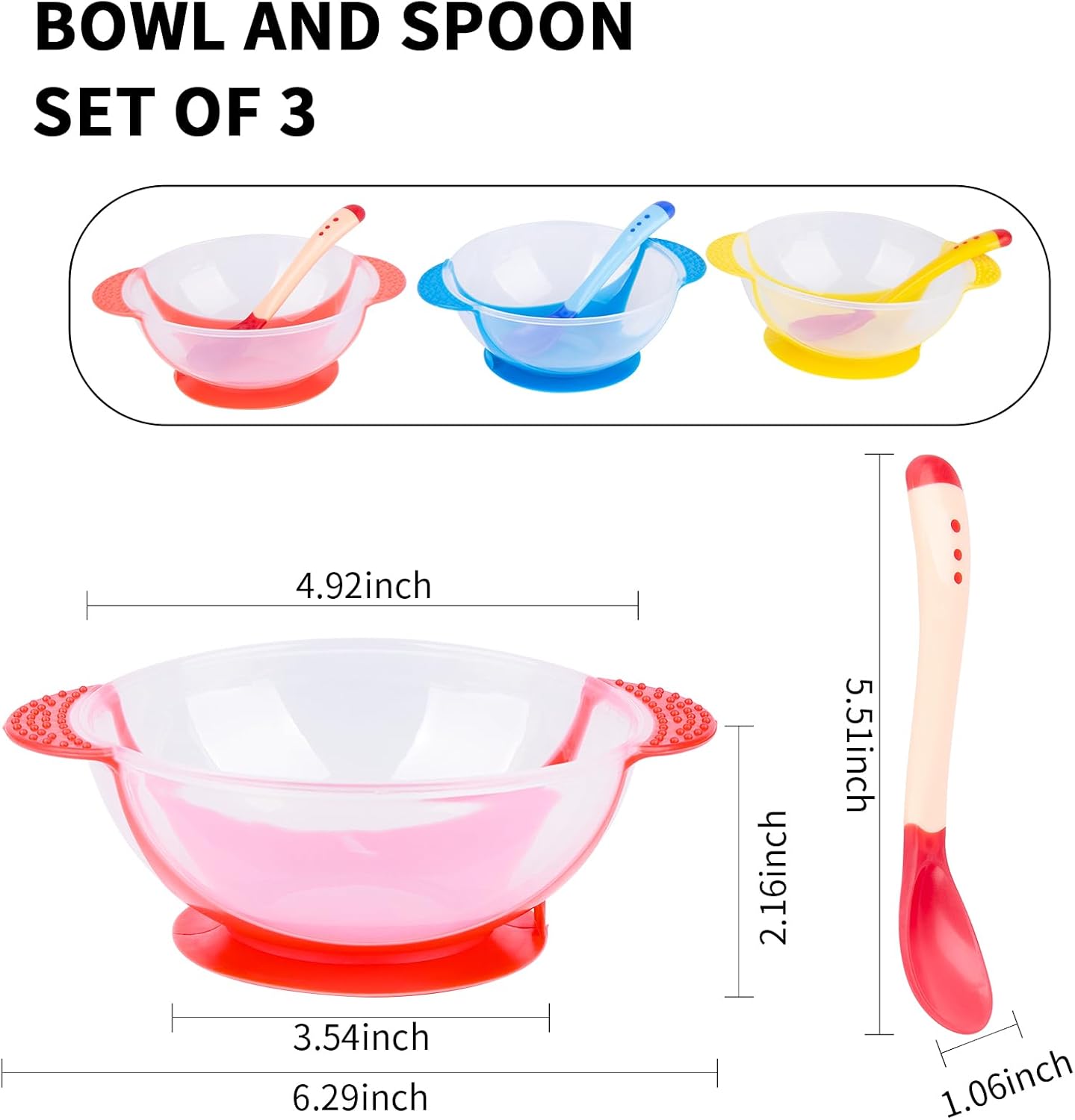 Berry President Baby Bowls with Suction Base, Spill-Proof Lid, Temperature-Sensing Spoon, Binaural Design Bowl for Babies Kids children Toddlers, First Stage Self Feeding (Pack of 3)