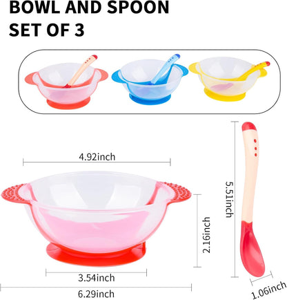 Berry President Baby Bowls with Suction Base, Spill-Proof Lid, Temperature-Sensing Spoon, Binaural Design Bowl for Babies Kids children Toddlers, First Stage Self Feeding (Pack of 3)