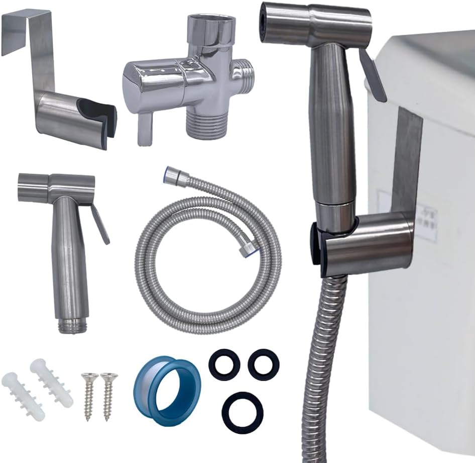 Handheld Toilet Bidet Sprayer for Toilet Stainless Steel Bathroom Bidet Sprayer Set Jet Sprayer Bidet Spray Hoses Kit Cloth Diaper Spray for Baby and Feminine Wash - Black (Silver)