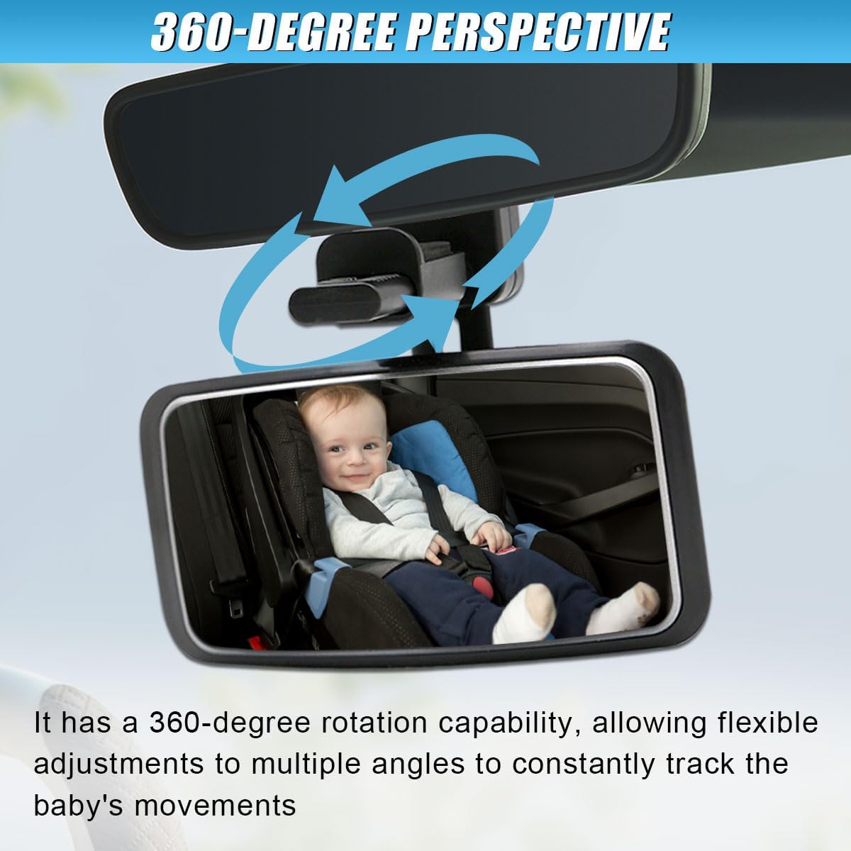 360 Degree Adjustable Baby Car Mirror, No Dead Angle Automotive Convex Mirrors Facing Back Seat, Clip-On HD Glass Vehicle Rearview Mirrors for Car, SUV, Truck