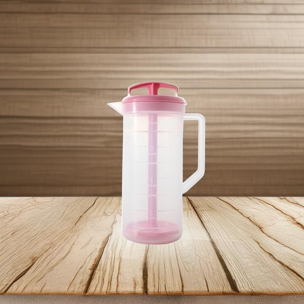 JBK Pottery 2-Quart White Mixing Pitcher with Plunger – BPA-Free Plastic Mixing Jug for Juice, Milk, Tea, Shakes, and More – Dishwasher-Safe, Spill-Proof Lid, Smart Stirring Design