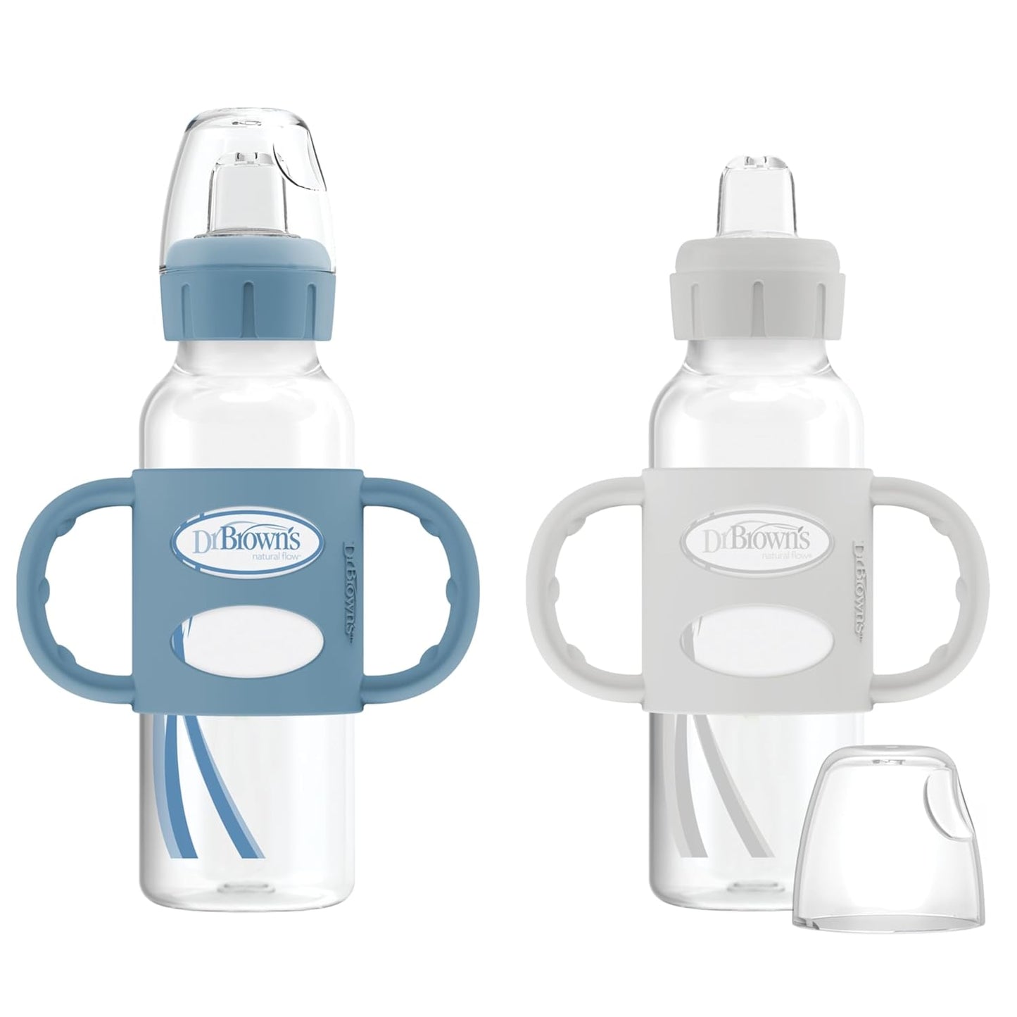 Dr. Brown's Milestones Narrow Sippy Spout Bottle with 100% Silicone, Easy-Grip Handles and Soft Sippy Spout, 8oz/250mL, Light Pink and Ecru, 2-Pack, 6m+