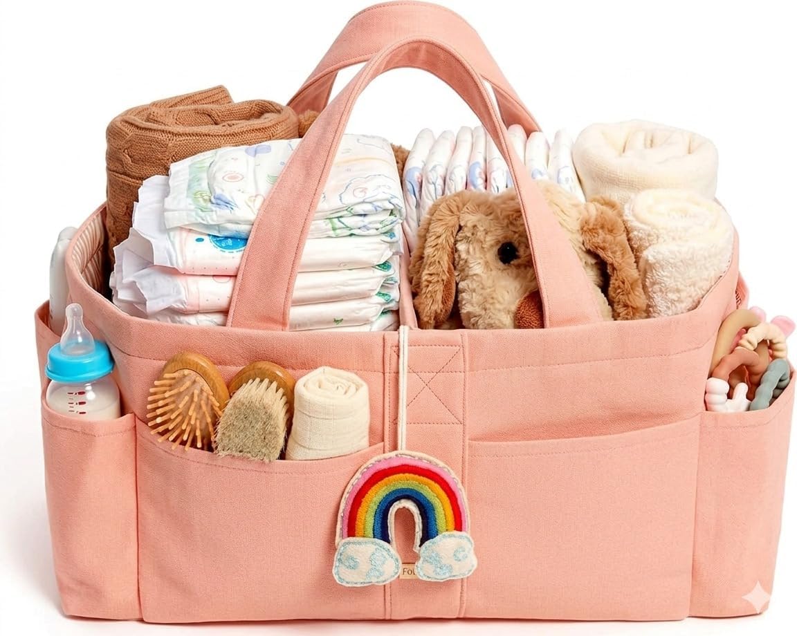 Folkulture Baby Diaper Caddy | Cotton Diaper Bag for Kids - Stylish Comfort Spacious Travel Essential Cart | Nursery Storage Bin and Car Organizer for Diapers, Wipes (Sky Blue - 15")