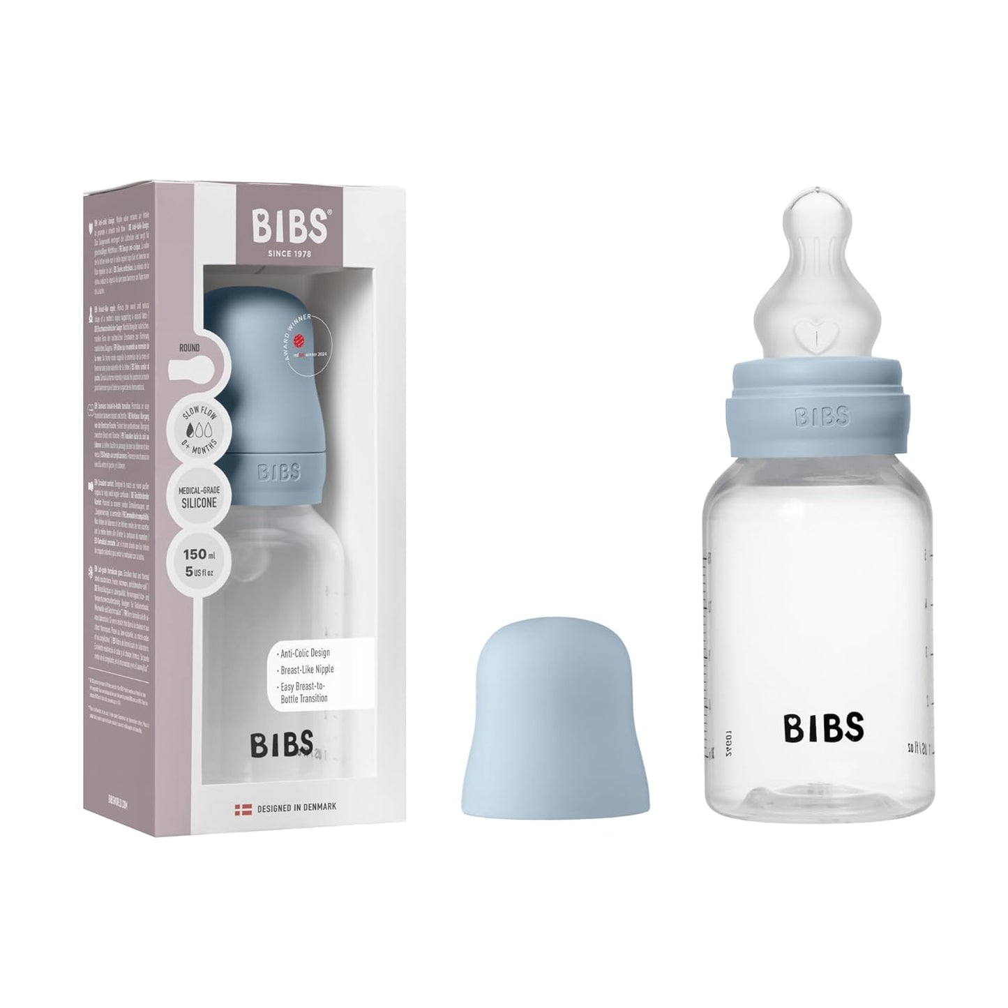 BIBS Baby Bottle 5 oz / 150 ml Silicone Nipple 2 Pack - Anti-Colic, BPA-Free, Round Nipple, Slow Flow, Lightweight & Easy to Clean, Suitable for Newborns 0+ Years - Ivory