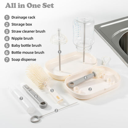 7-in-1 Baby Bottle Brush Set, Silicone Bottle Cleaner Kit with Nipple & Straw Brush, Soap Dispenser, Drying Rack & Travel Storage Case, Baby Bottle Cleaning Essentials (Green-Crocodile