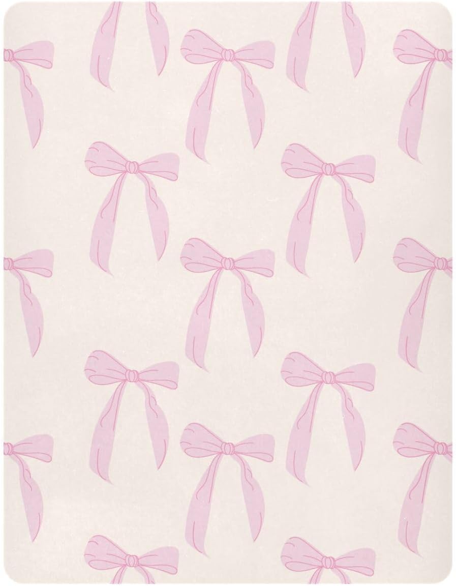 Fitted Crib Sheets Pink Checkered and Bows Stretchy Portable Playard Sheets for Baby Toddler, Breathable Soft Mini Crib Mattress 39 x 27 in for Boys and Girls