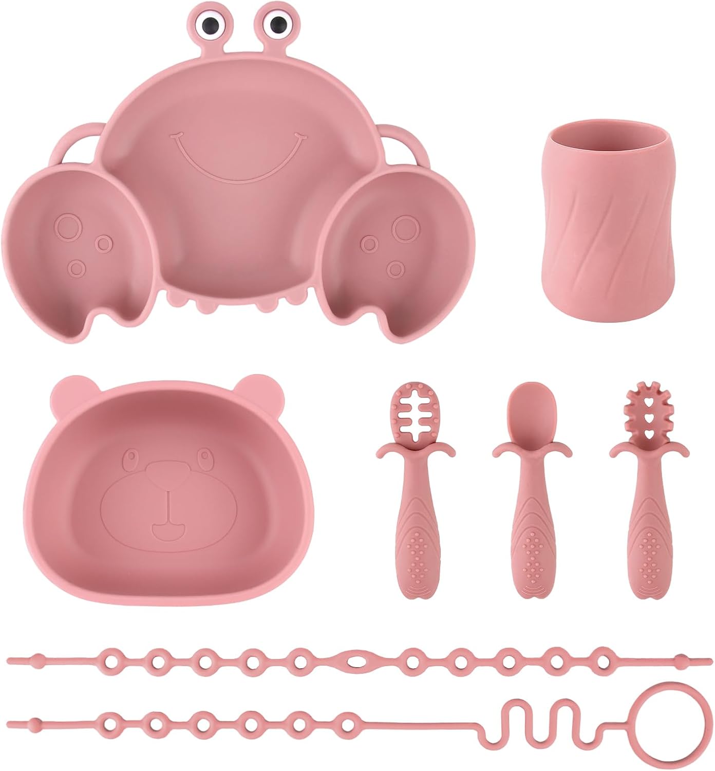 Silicone Baby Feeding Set, 8-Piece Baby Led Weaning Supplies Included Toddler Suction Plate, Bowl, Cup, 3 Spoons & 2 Safety Straps Keep Spoon, Fork & Bottle Off The Floor for Self-Feeding (Blue)