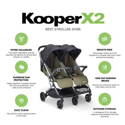 Joovy Kooper X2 Double Stroller, Lightweight Travel Stroller, Compact Fold with Tray, Black
