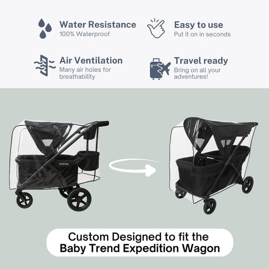 SASHA'S Rain and Wind Cover for Baby Trend Expedition Stroller Wagon/Wagon Plus, Clear Design, Maximum Coverage (Stroller not Included) Made in USA