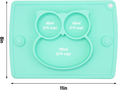 Silicone Divided Toddler Plates - Portable Non Slip Suction Plates Placemat for Children Babies and Kids BPA Free Baby Dinner Plate Bowl (Owl-Cyan)