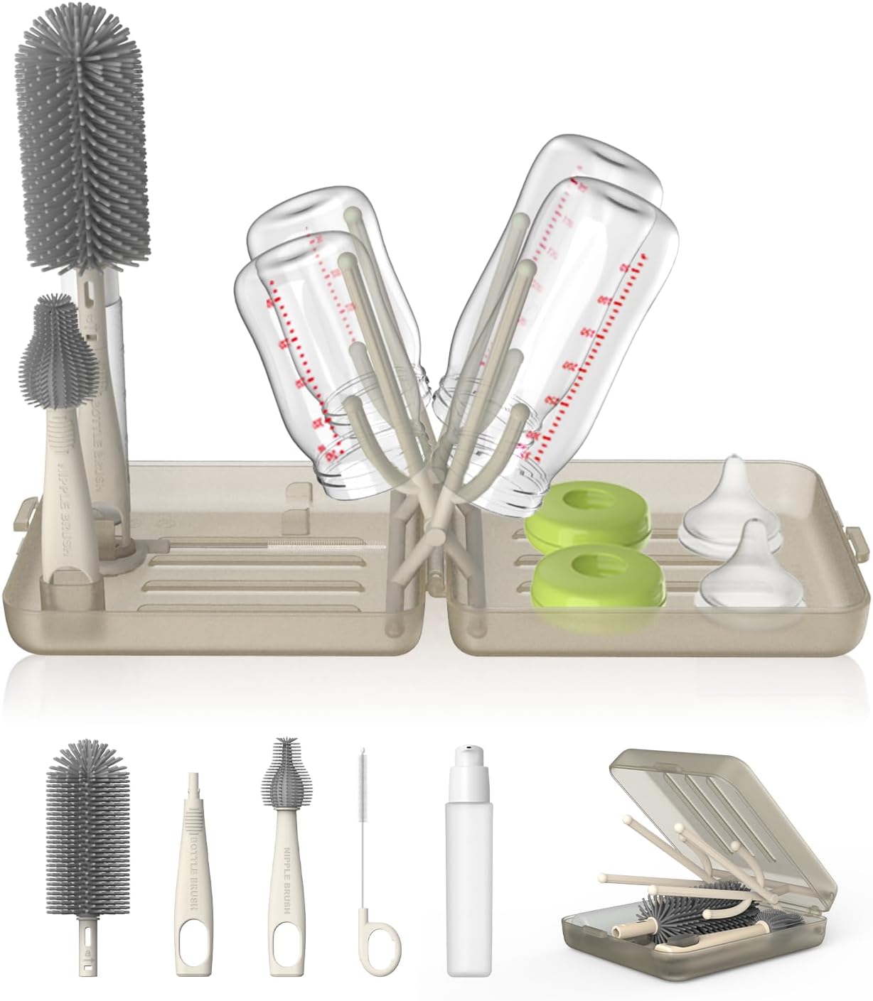 YOTIME Travel Bottle Brush, Travel Bottle Cleaner Kit with Foldable Bottle Drying Rack, for Visit Friends and Relations, Baby Travel Essentials, BPA Free, Green