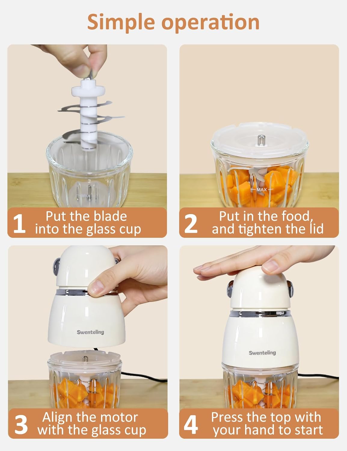 Baby Food Maker, Creamy White Baby Food Blender, 10oz Food Puree Maker, Food Processor for Foods Fruit Vegetable Meat, 8-Second Quick Soft Food Prep，BPA-Free