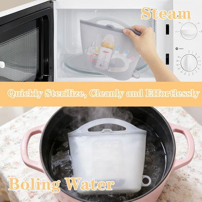 Silicone Microwave Steam Sterilizer Bag 1500ML Reusable Steaming Bags for Baby Bottles, Breast Pump,Pacifiers and Teethers，Breast Feeding Baby Travel Accessories