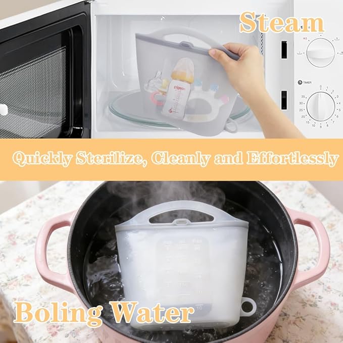 Silicone Microwave Steam Sterilizer Bag 1500ML Reusable Steaming Bags for Baby Bottles, Breast Pump,Pacifiers and Teethers，Breast Feeding Baby Travel Accessories